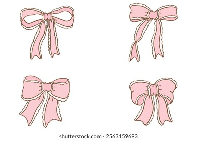 Cute coquette aesthetic pink bows in vintage ribbon style collection.