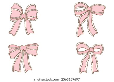 Cute coquette aesthetic pink bows in vintage ribbon style collection.