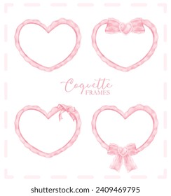 Cute coquette aesthetic pink frame heart shape with ribbon bow in vintage style watercolor collection.