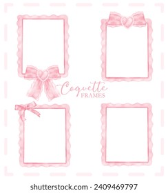 Cute coquette aesthetic pink frame rectangle shape with ribbon bow in vintage style watercolor collection.