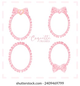 Cute coquette aesthetic pink frame oval shape with ribbon bow in vintage style watercolor collection.