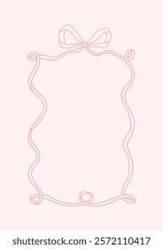 Cute coquette aesthetic pink frame ribbon bow in vintage style. Vector hand drawn frame