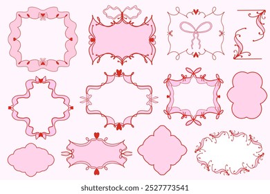 Cute coquette aesthetic pink and red frame set ribbon bow in vintage style. Vector illustration.