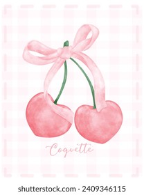 Cute coquette aesthetic pink ribbon bow with red cherries in vintage style watercolor.