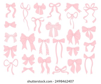 Cute coquette aesthetic pink ribbon bow collection. Isolated girly vintage elements. Vector illustration. Trendy girls hairstyle accessories