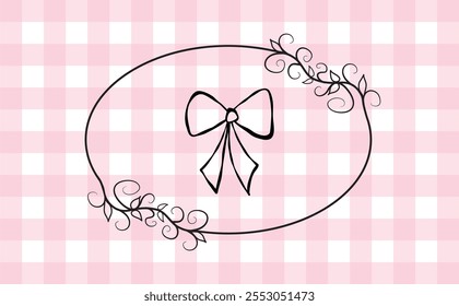 Cute coquette aesthetic ribbon bow in the ornate frame on the checkered pink white background. Isolated girly vintage elements. Vector illustration. Trendy girls hairstyle accessories