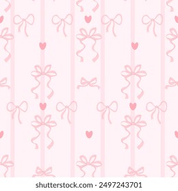 Cute coquette aesthetic seamless pattern pink ribbon bow on striped background. Vector illustration. Trendy patterned backdrop.