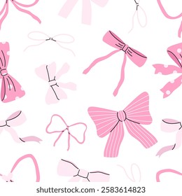 Cute coquette aesthetic seamless pattern. Pink ribbon bows. Flirty pattern on white background