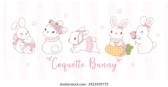 Cute Coquette bunnies with bow Cartoon banner, sweet Retro Happy Easter spring animal.