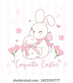 Cute Coquette bunnies with bow and easter egg Cartoon, sweet Retro Happy Easter spring animal.