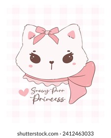 Cara de gatito de coqueta con gatito blanco felíz de San Valentín adornado con un arco de cinta rosa, adorable dibujo a mano de ilustración de doodle animal de mascota.