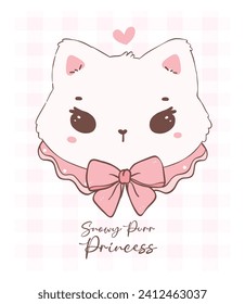 Cute coquette cat face with Valentine fluffy white kitten adorned with pink ribbon bow, adorable pet animal doodle illustration hand drawing.