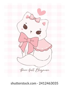 cute coquette cat with fluffy white kitten adorned with pink ribbon bow, adorable pet animal doodle illustration hand drawing.