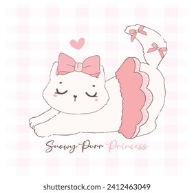 Cute coquette cat  with Valentine fluffy white kitten adorned with pink ribbon bow, adorable pet animal doodle illustration hand drawing.