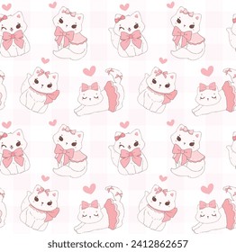 Cute coquette cats with Valentine fluffy white kitten adorned with pink ribbon bow pattern seamless isolated on white background.