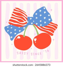 cute coquette cherries 4th of july with america ribbon bow in red white and blue hand drawn for patriotic design, shirt or card sublimation
