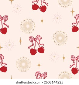 Cute coquette cherry ribbon seamless pattern