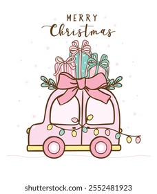 Cute Coquette Christmas Car Pink and Mint Green Girly Doodle with Gifts, idea for Greeting Card.