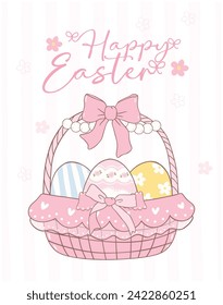 Cute Coquette Easter egg basket with pink bow Cartoon banner, sweet Retro Happy Easter spring animal Hand Drawing.