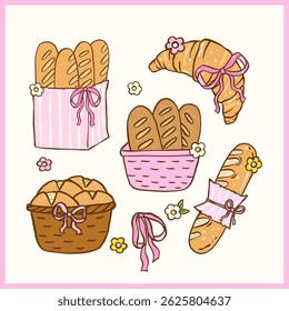 Coquette agricultores bonito mercado pão e panificação Clipart Set, pastel Doodle Baguette e Croissants mão desenhada 