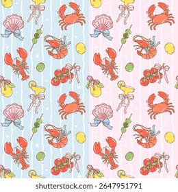 Cute coquette fisherman aesthetic seamless pattern with lobster, crab, olives and drink on white stripes in italian amalfi summer style for fabric or digital paper