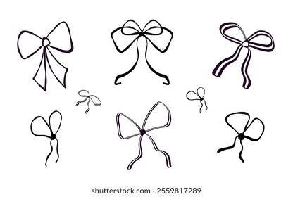 Cute coquette flirtatious aesthetic ribbon bow collection on the white background. Isolated girly vintage elements. Vector illustration. Trendy girls hairstyle accessories