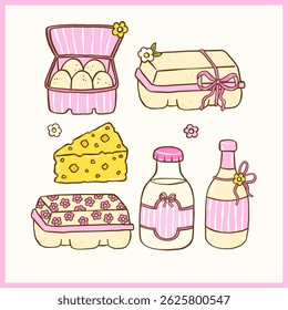 Cute Coquette Girly Farmers Market Dairy Produce Clipart Set, Pastel Hand Drawn Milk, Egg, Cheese Doodle Illustrations