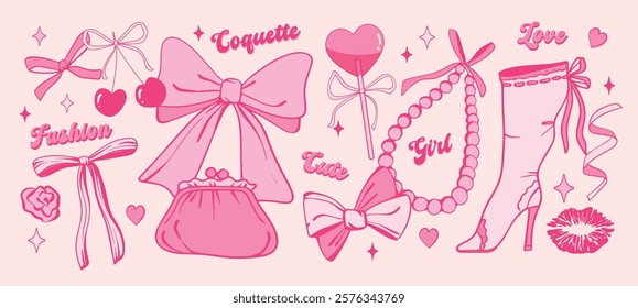 Cute coquette hand drawn doodle  elements set, bows, bag, shoe, lollipop, kiss, decoration, stickers, vector