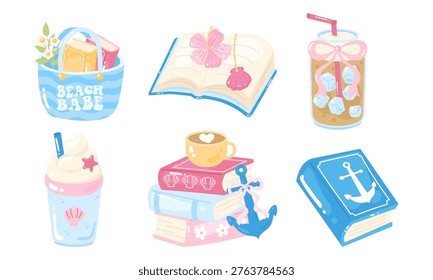 Cute coquette iced coffee and bookish summer holiday clipart