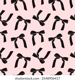 Cute coquette pattern seamless black ribbon bow on pink background. Cute feminine romantic background for textile, fabric, wallpaper, wrapping.
