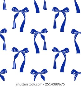 Cute coquette pattern seamless blue ribbon bow. Cute feminine romantic background for textile, fabric, wallpaper, wrapping.