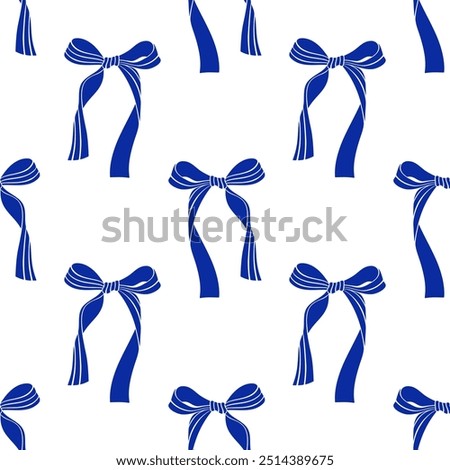 Cute coquette pattern seamless blue ribbon bow. Cute feminine romantic background for textile, fabric, wallpaper, wrapping.