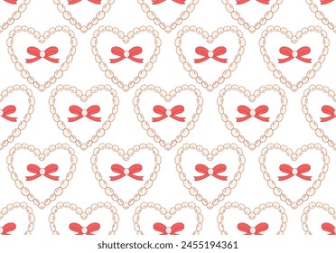 Cute coquette pattern seamless pink ribbon bow and beads isolated on white background. Vector illustration.