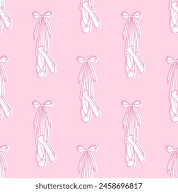 Cute coquette pattern seamless pink ribbon bow and ballet shoes. Cute feminine romantic background for textile, fabric, wallpaper, wrapping. Ballet core.