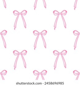 Cute coquette pattern seamless pink ribbon bow. Cute feminine romantic background for textile, fabric, wallpaper, wrapping.