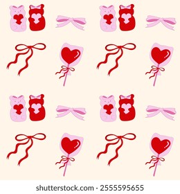 Cute coquette pattern seamless pink ribbon bow and Candy bear isolated on beige background