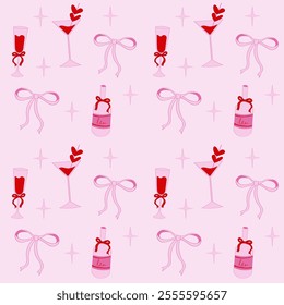 Cute coquette pattern seamless pink ribbon bow and wine isolated on pink background