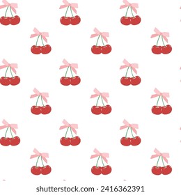 cute coquette pattern seamless red cherries with ribbon bow isolated on white background