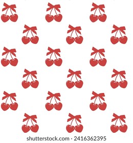 cute coquette pattern seamless red cherries with ribbon bow isolated on white background