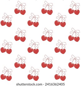 cute coquette pattern seamless red cherries with ribbon bow isolated on white background