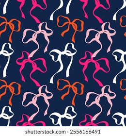 Cute coquette pattern seamless white pink orange ribbon bow. Cute feminine romantic background for textile, fabric, wallpaper, wrapping.