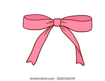 Cute coquette pink bow, vector outline illustration isolated on white, red ribbon
