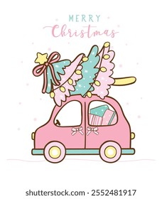 Cute Coquette Pink Christmas Car with Festive Pine Tree hand drawn, idea for Greeting Card.
