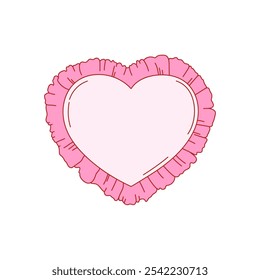 Cute coquette pink frame heart shape in vintage style. Heart shaped pink pillow with ruffles. Vintage cushion with copy space. Editable vector illustration.