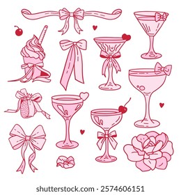 Cute Coquette pink girly elements set with ribbon bows. Preppy Aesthetic Vintage vector illustration of cocktails, ice cream, bows, flowers, strawberry