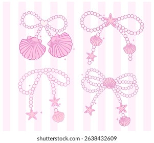 Cute Coquette pink pearl bow seashell pastel hand drawn doodle Summer y2k retro aesthetic Collection