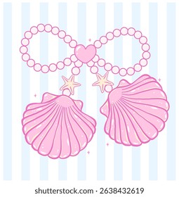 Cute Coquette pink pearl bow seashell pastel hand drawn doodle Summer y2k retro aesthetic