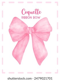 Cute Coquette pink ribbon bow in Preppy Aesthetic Vintage watercolor illustration.