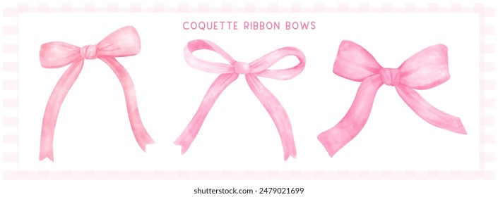 Cute Coquette pink ribbon bows banner Preppy Aesthetic Vintage watercolor illustration set