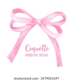 Cute Coquette pink ribbon double bow in Preppy Aesthetic Vintage watercolor illustration.